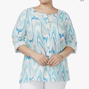 JM Collection aqua land sunset print button down linen blend blouse top‎ 3X